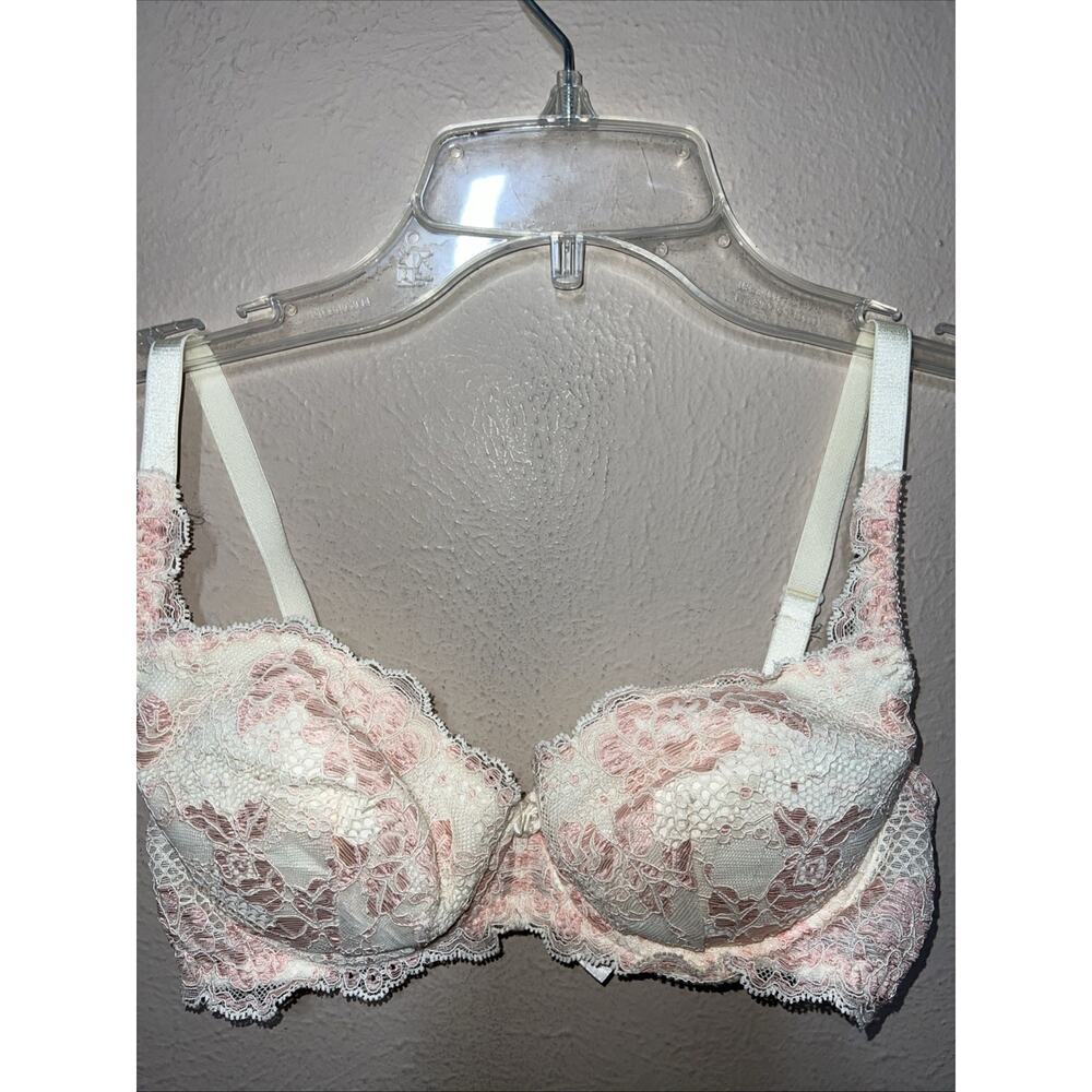 Vintage 90s Victoria's Secret Bra 32C Cream Pink Lace Removable Pads Push Up VS - Picture 2 of 13